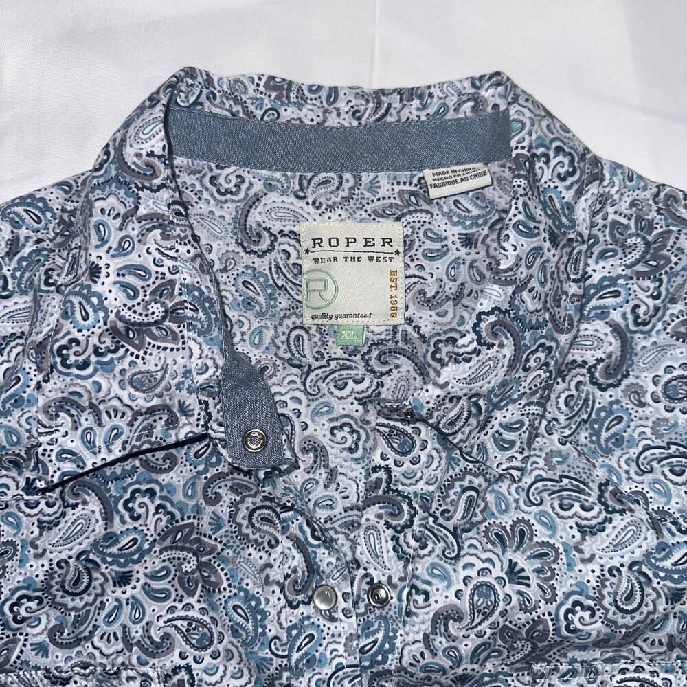 Roper Women’s XL Vintage Paisley Western Pearl Snap Shirt Blue Gray